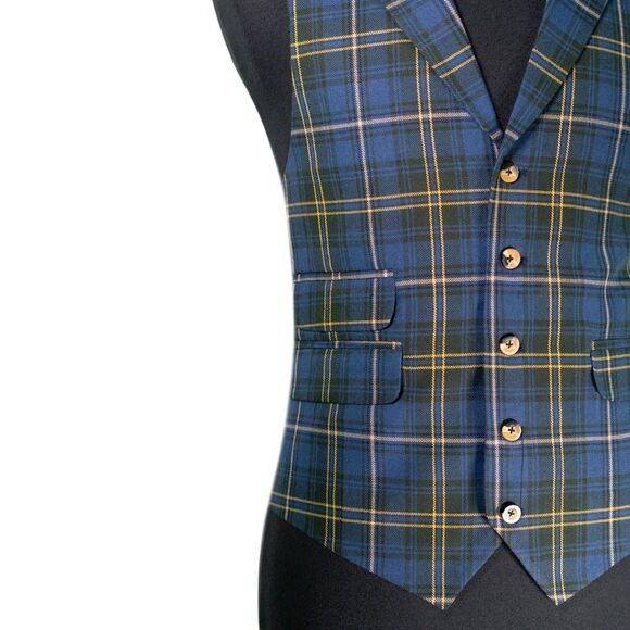 Mens 42R Wool Vest Blue Yellow Green Tartan Plaid Waistcoat Preppy Casual Formal - Picture 7 of 10